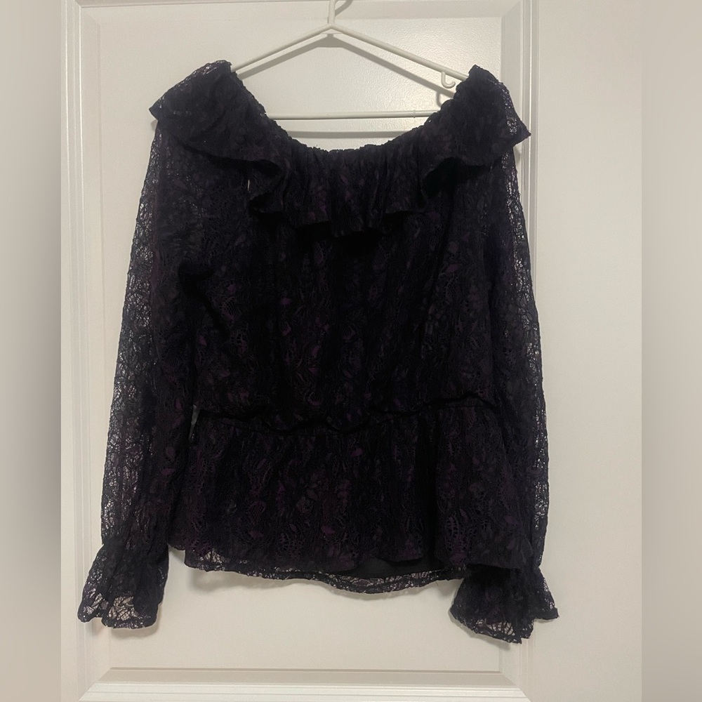 BA NIGHTS purple and black lace ruffle top, size 16